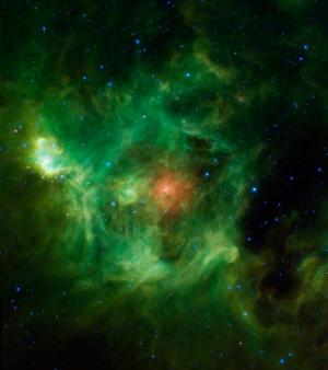 What glows green in space?