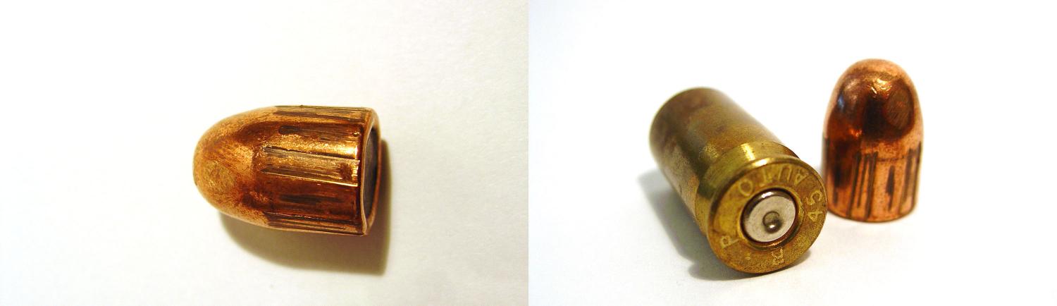 A fired bullet with rifling impressions from the barrel of a gun (left). 