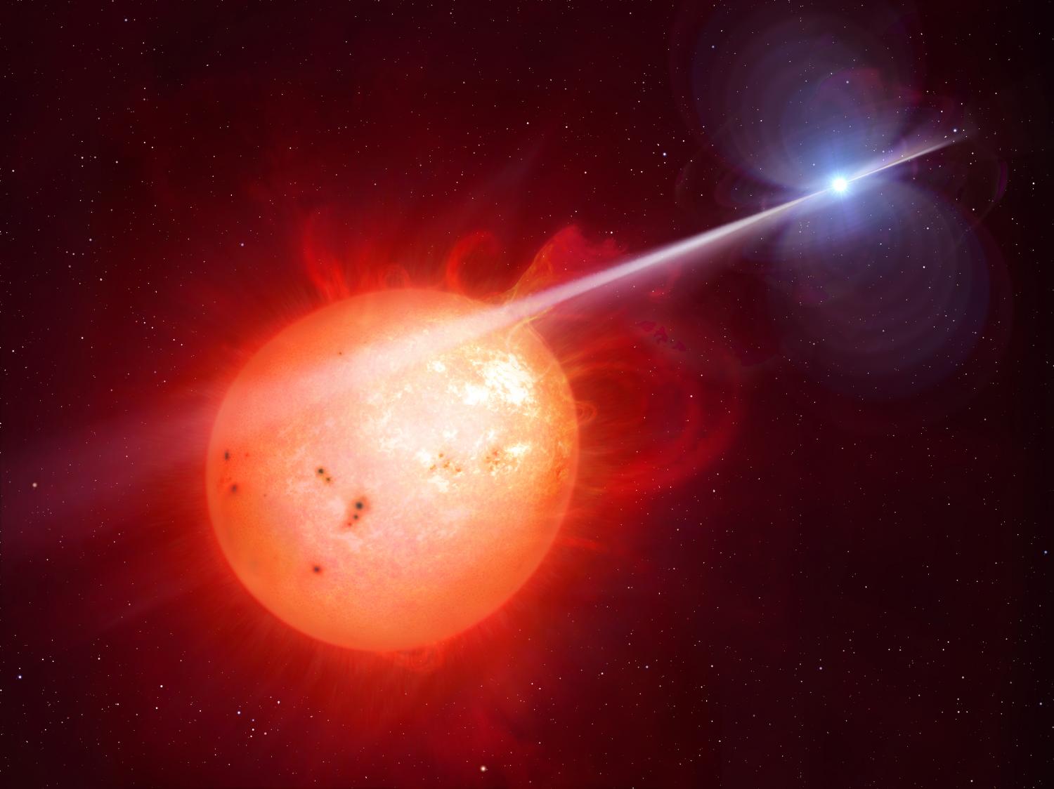 Stars intense radiation beams whip neighboring red dwarf