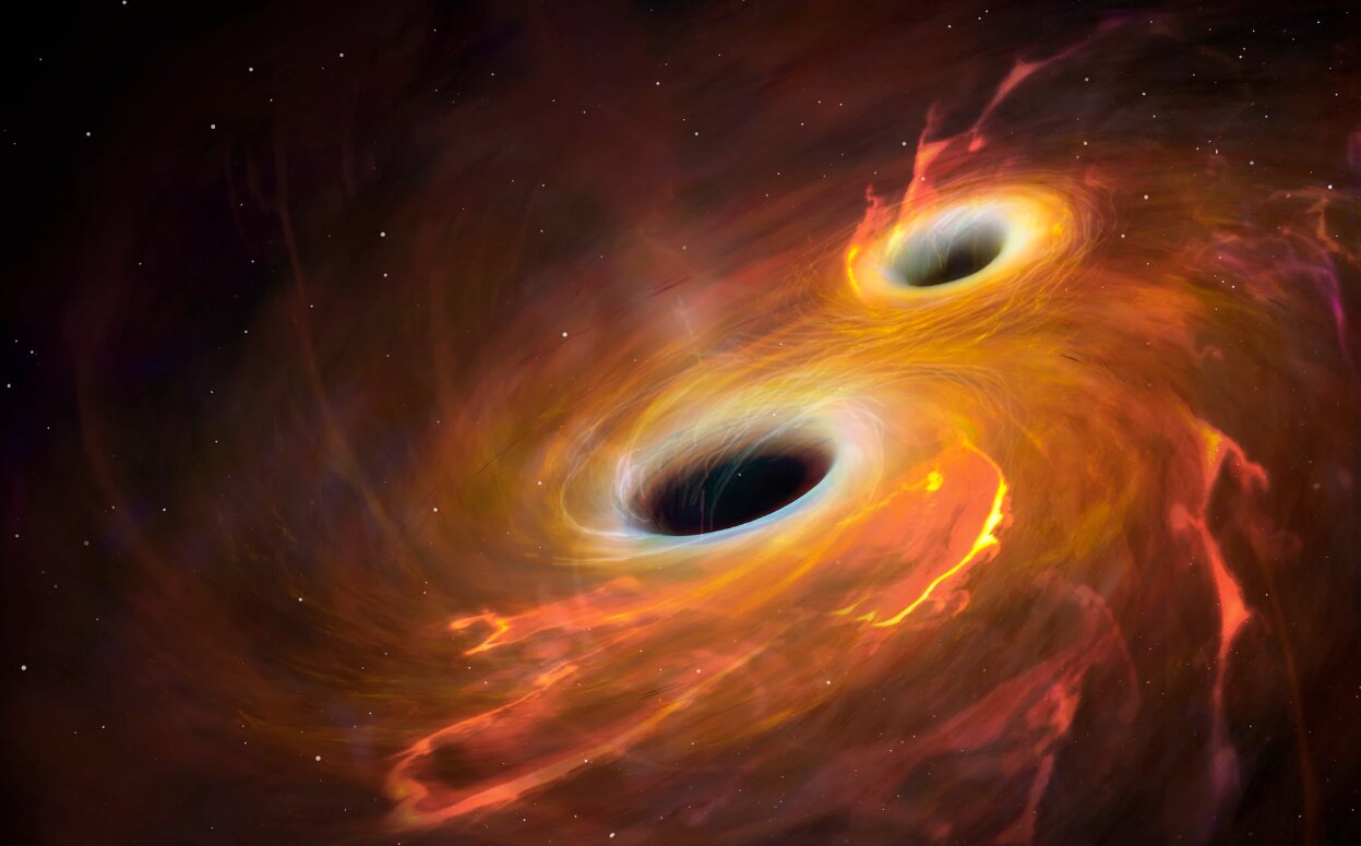 An artist's impression of two black holes about to collide and merge. 