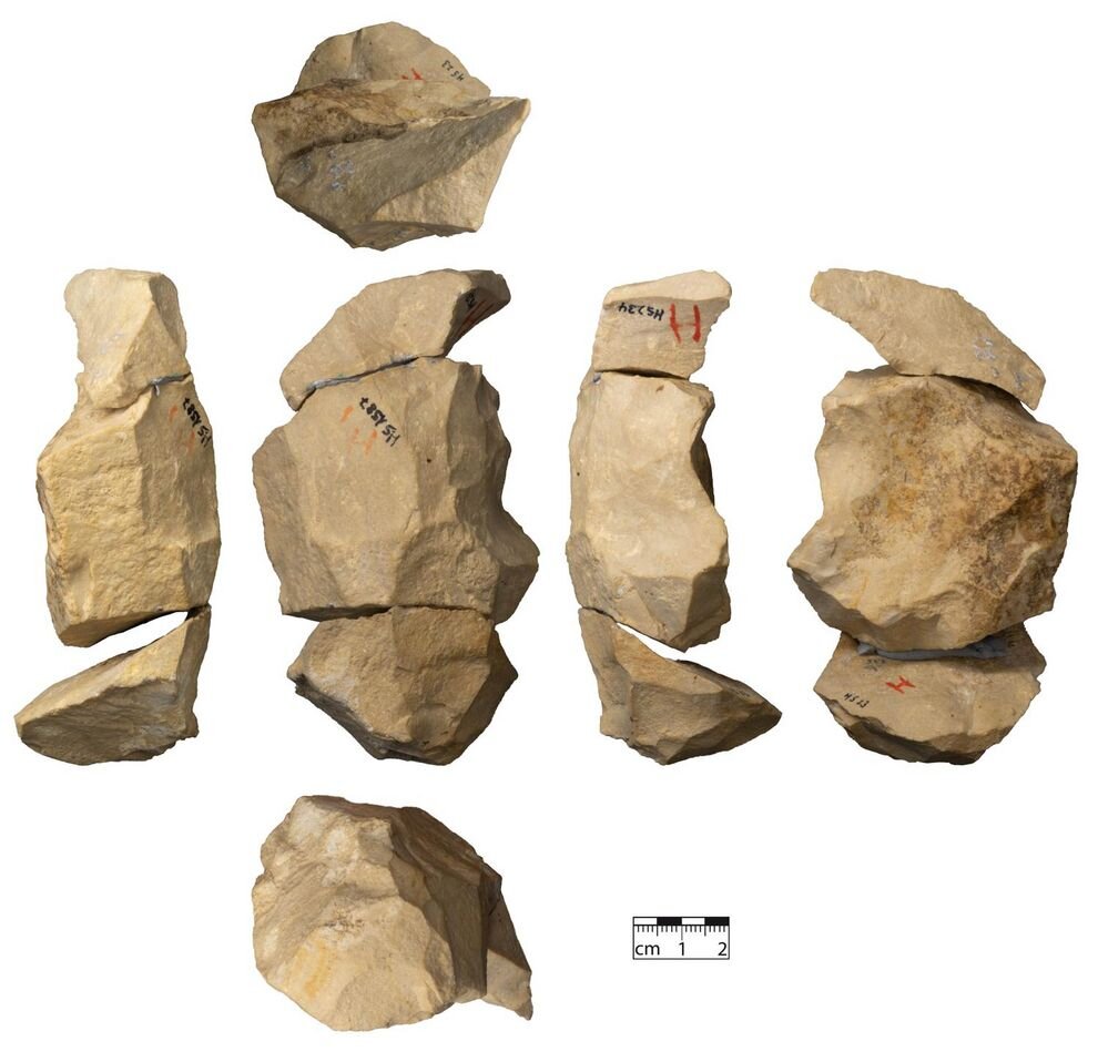 Middle Paleolithic stone core from the Heidenschmiede. By re-assembling these stone artifacts, the research team revealed the many different techniques used in stone tool manufacturing. Credit: Universitaet Tübingen