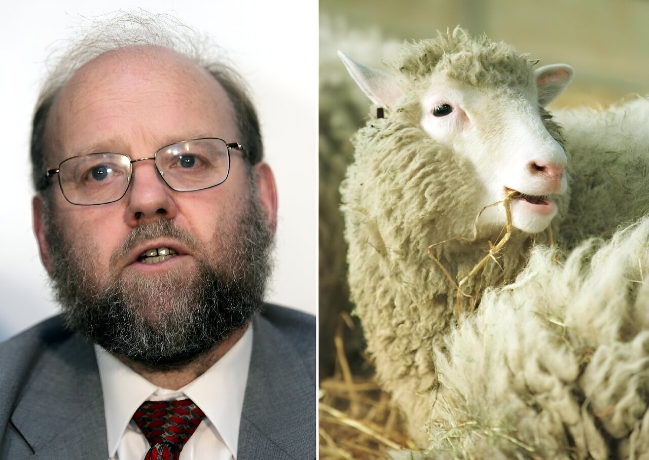 El científico británico Ian Wilmut, fallecido a los 79 años, y Dolly, la oveja que ayudó a clonar.