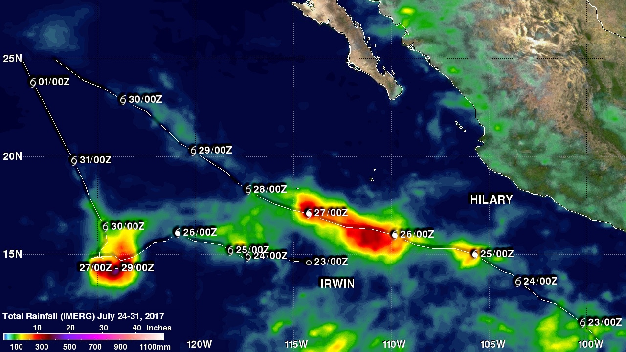 NASA looks at Tropical Cyclones Irwin and Hilary rainfall and Fujiwara