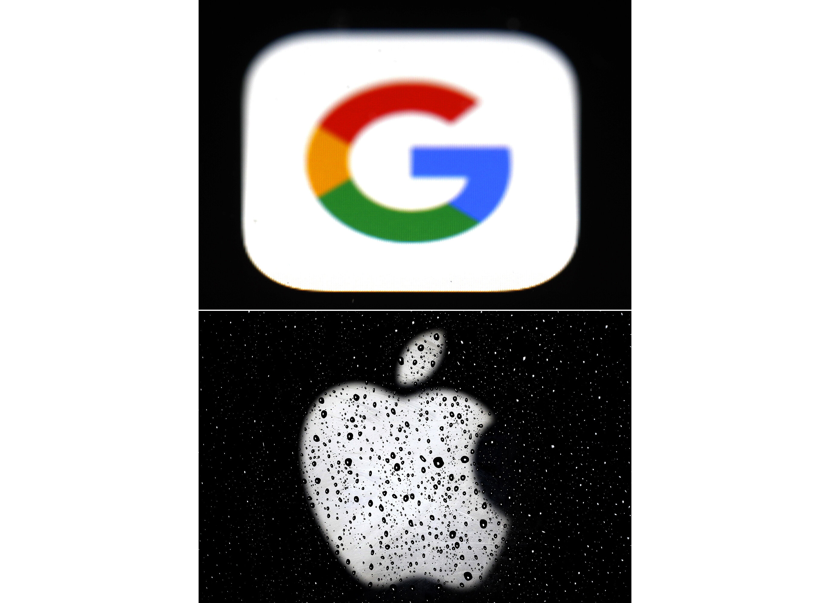 This combo of photos shows the logo for Google, top, and Apple, bottom. Big Tech companies that operate around the globe have long promised both to obey local laws and to protect civil rights while doing business. But when Apple and Google capitulated to Russian demands and removed Smart Voting, a political-opposition app from their local app stores, it raised worries that two of the world's most successful companies are more comfortable bowing to undemocratic edicts—and maintaining a steady flow of profits— than upholding their stated principles.Credit: (AP Photo/File