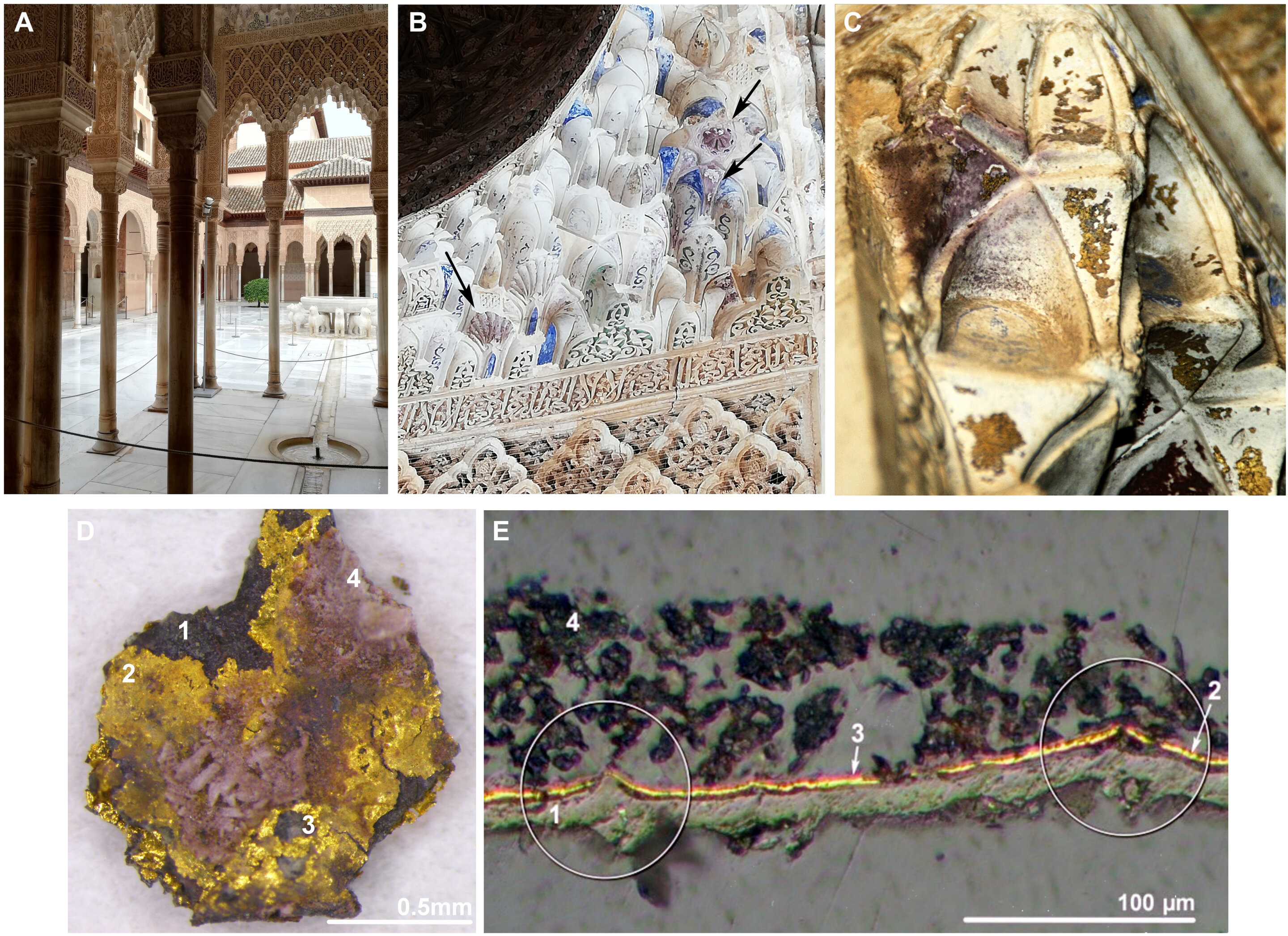 Electron microscopy reveals the reason for the purple stains on Alhambra ceilings