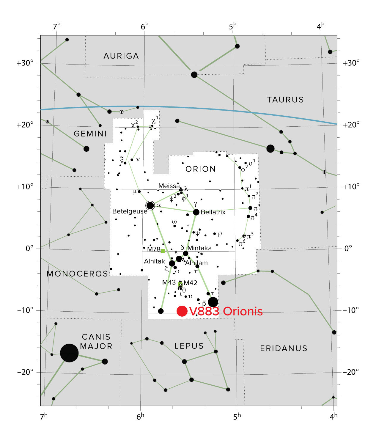 V883 Orionis es una protoestrella ubicada aproximadamente a 1.305 años luz de la Tierra en la constelación de Orión. Crédito: IAU/Sky & Telescope