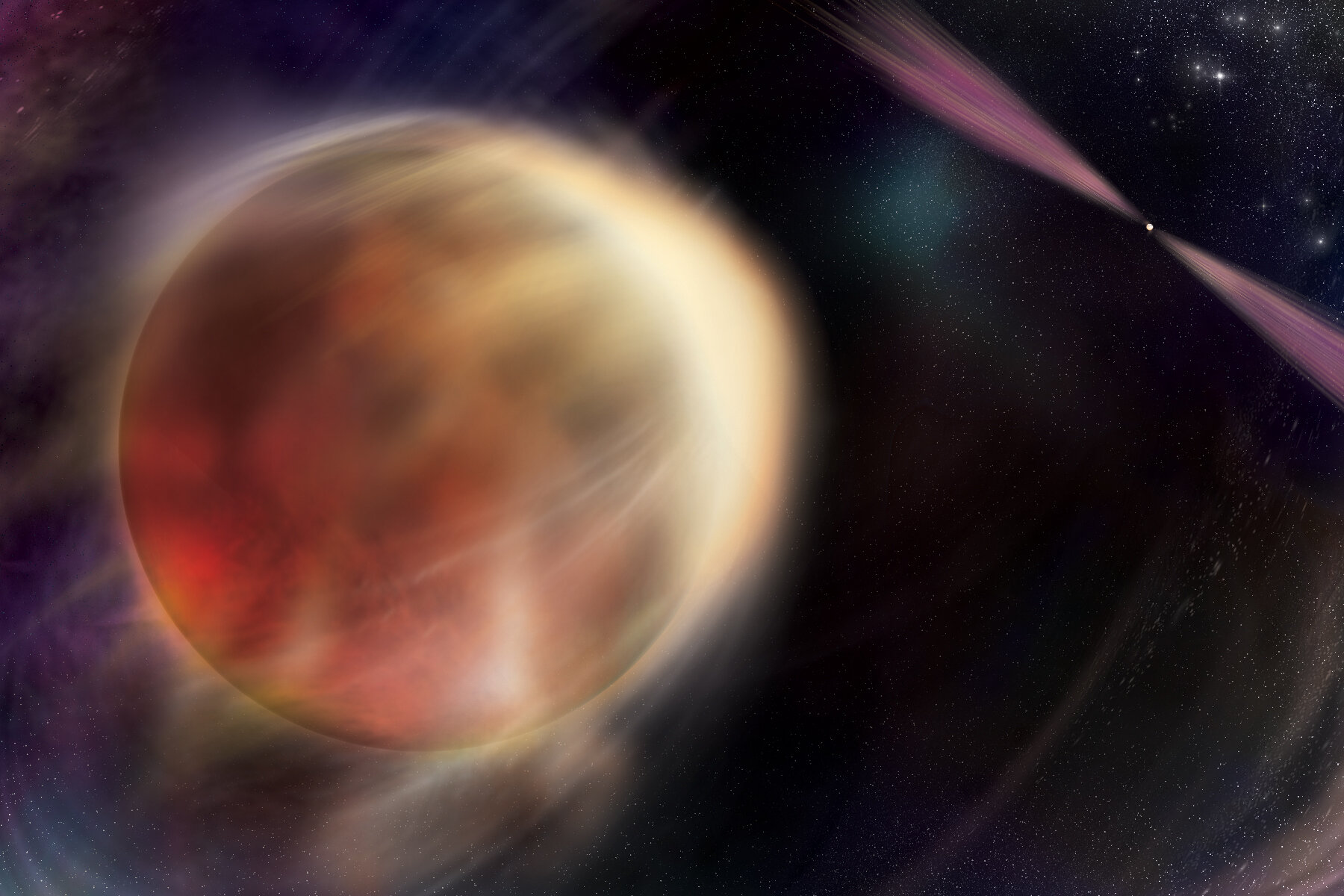 En esta ilustración, una estrella en órbita comienza a eclipsar a su pareja, un remanente estelar superdenso que gira rápidamente llamado púlsar. El púlsar emite haces de luz de múltiples longitudes de onda que rotan dentro y fuera de la vista y producen flujos de salida que calientan el lado frontal de la estrella, expulsando material y erosionando a su pareja. Crédito: NASA/Universidad Estatal de Sonoma, Aurore Simonnet