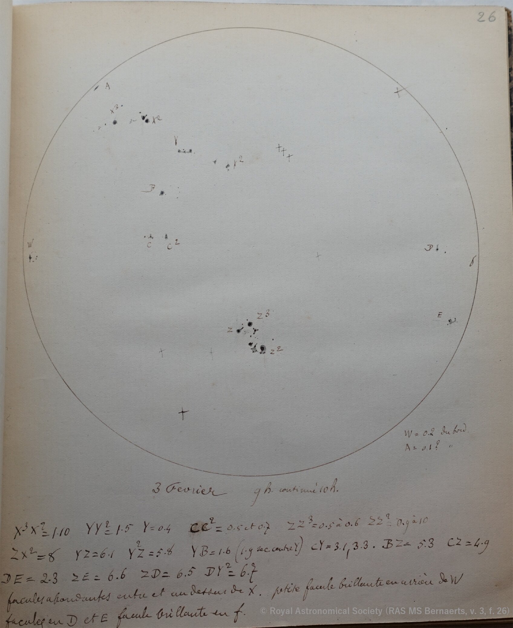 Dibujo de una mancha solar belga que muestra la superficie solar el 3 de febrero de 1872 (RAS MS Bernaerts, v. 3, f. 26; cortesía de la Royal Astronomical Society). Crédito: ©︎ Royal Astronomical Society (RAS MS Bernaerts, v. 3, f. 26)
