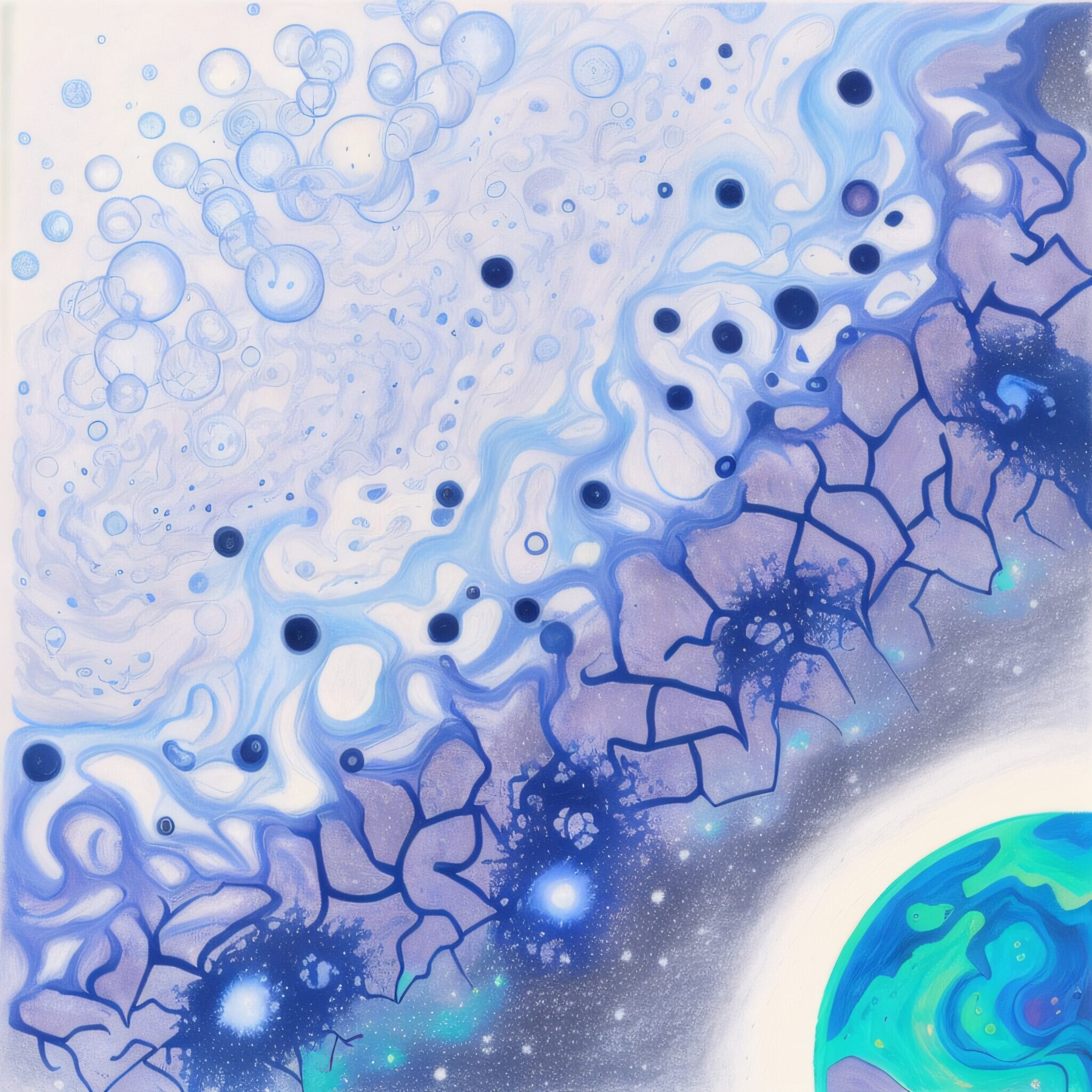 Representación artística de la materia del universo primitivo fusionándose lentamente en grandes estructuras cósmicas en el universo tardío. Crédito de la imagen: Minh Nguyen, Universidad de Michigan y Thanh Nguyen (cónyuge).
