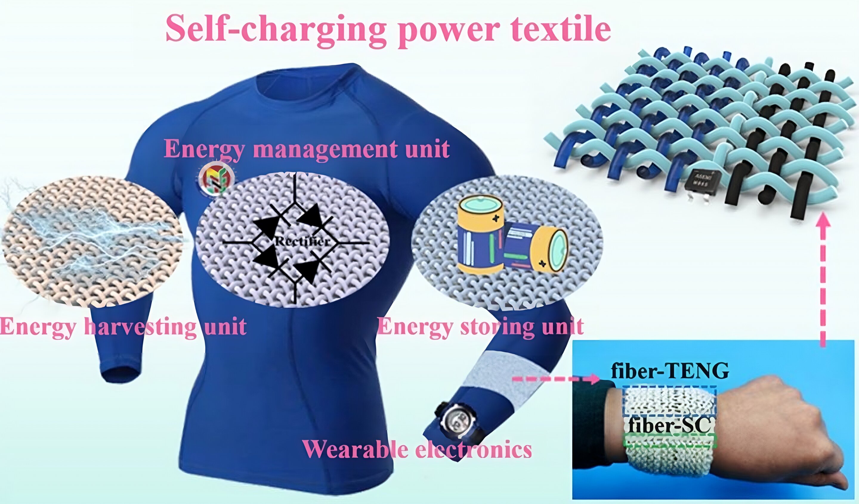 Wearable fabric harnesses kinetic energy from bodily motion for device charging.