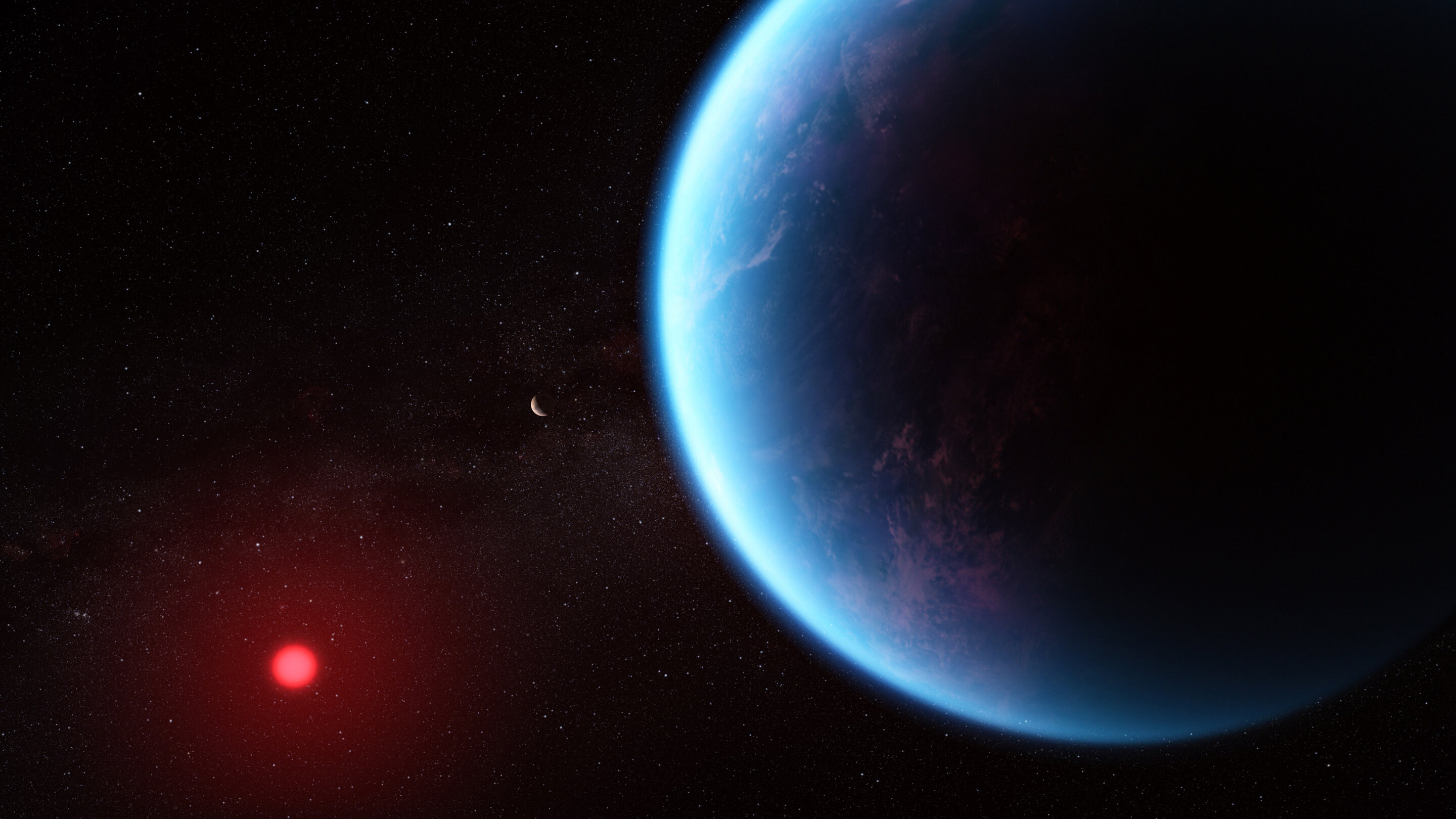 Esta ilustración muestra el aspecto que podría tener el exoplaneta K2-18 b según los datos científicos. K2-18 b, un exoplaneta 8,6 veces más masivo que la Tierra, orbita alrededor de la estrella enana fría K2-18 en la zona habitable y se encuentra a 120 años luz de la Tierra. Una nueva investigación realizada con el telescopio espacial James Webb de la NASA sobre K2-18 b, un exoplaneta 8,6 veces más masivo que la Tierra, ha revelado la presencia de moléculas que contienen carbono, como metano y dióxido de carbono. La abundancia de metano y dióxido de carbono, y la escasez de amoníaco, apoyan la hipótesis de que puede haber un océano de agua bajo una atmósfera rica en hidrógeno en K2-18 b. En esta ilustración, el exoplaneta K2-18 c se muestra entre K2-18 b y su estrella. Crédito: Ilustración: NASA, ESA, CSA, Joseph Olmsted (STScI); Ciencia: Nikku Madhusudhan (IoA)
