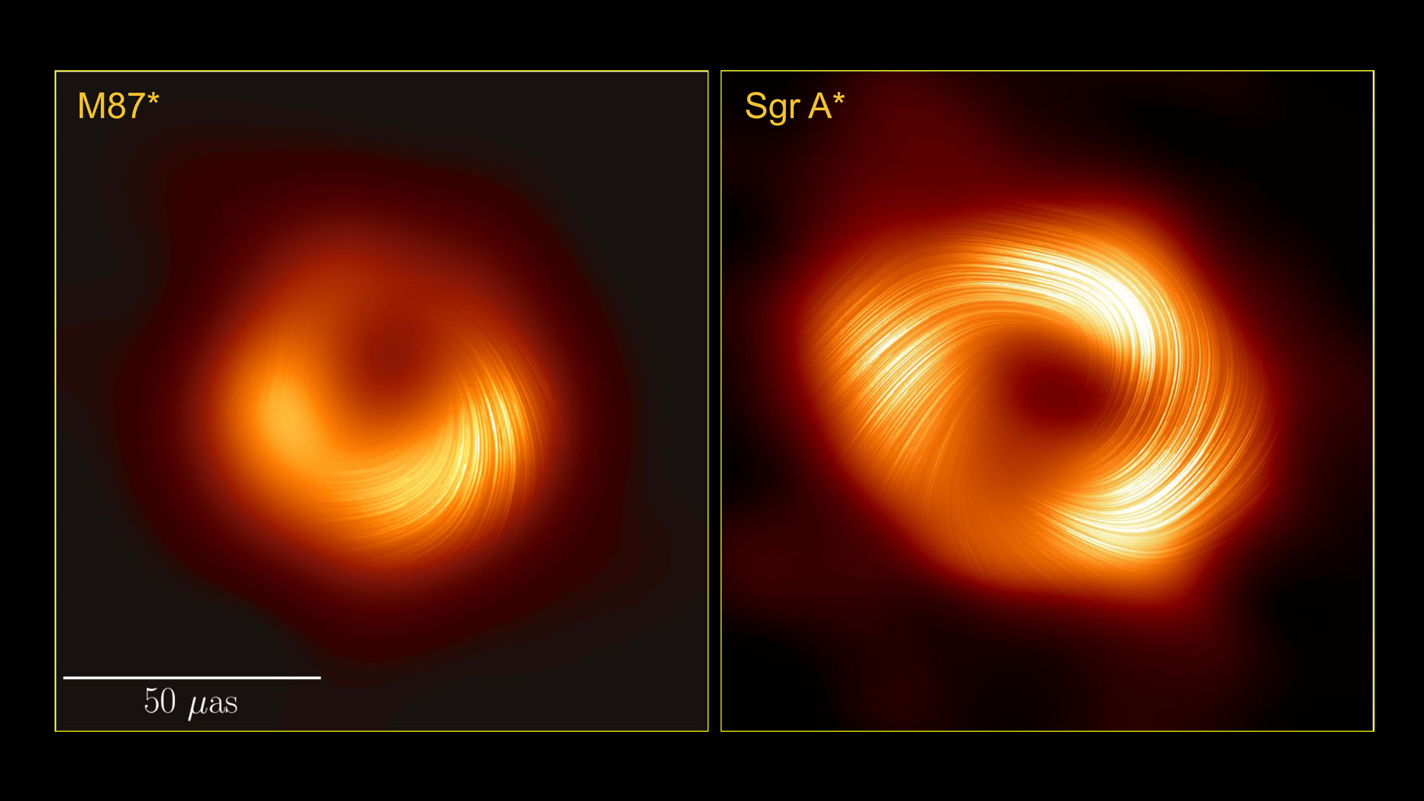 Vista aqui em luz polarizada, essa imagem lado a lado dos buracos negros supermassivos M87* e Sagittarius A* indica aos cientistas que essas feras têm estruturas de campo magnético semelhantes. Isso é significativo porque sugere que os processos físicos que governam como um buraco negro se alimenta e lança um jato podem ser características universais entre os buracos negros supermassivos. Crédito: Colaboração EHT