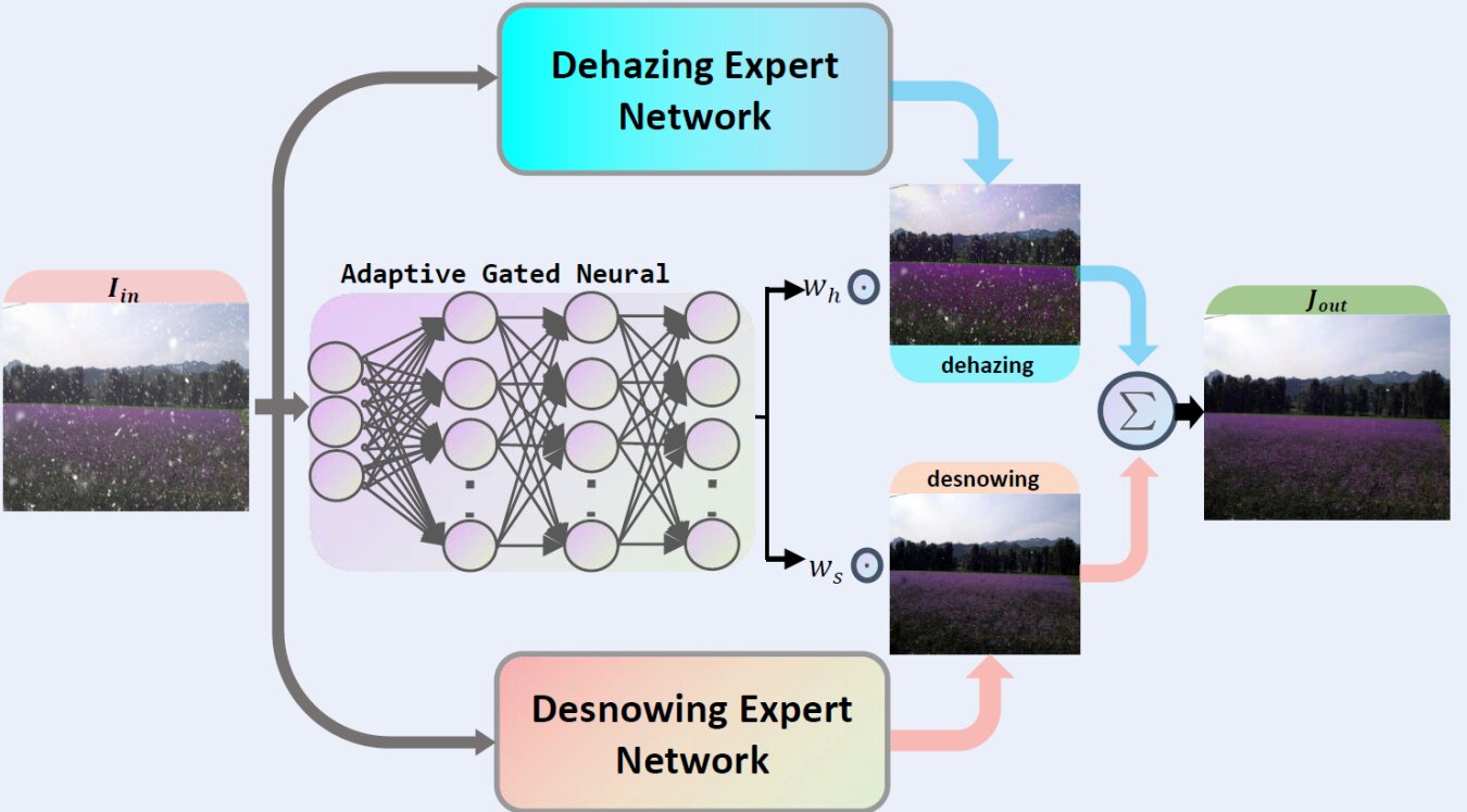 Degradation-adaptive neural network for jointly single image dehazing and desnowing