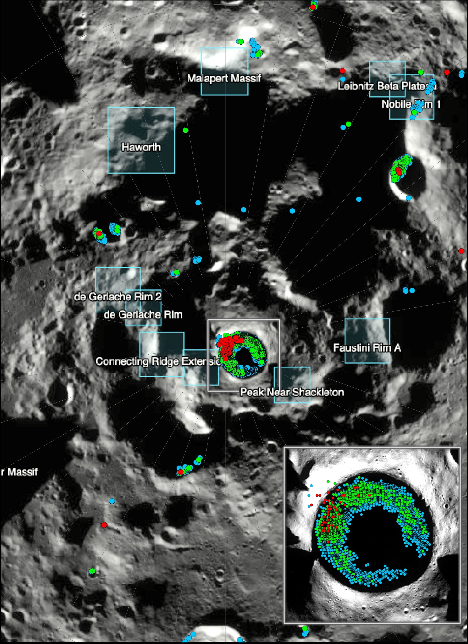 A imagem mostra as áreas previstas de instabilidade do declive da superfície na região polar sul. Os modelos são para um deslizamento de terra de regolito de um metro de espessura (cerca de 3,3 pés). Os pontos azuis são áreas com as encostas menos instáveis, os pontos verdes são encostas moderadamente instáveis e os pontos vermelhos são as encostas mais instáveis. Imagem centralizada na cratera Shackleton e no polo sul lunar. As localizações das regiões de pouso propostas para o Artemis III são mostradas pelas caixas azuis. O modelo prevê que grandes porções das paredes internas da cratera Shackleton são suscetíveis a deslizamentos de terra (inserção), bem como porções das paredes internas da cratera na região de pouso Nobile Rim 1
